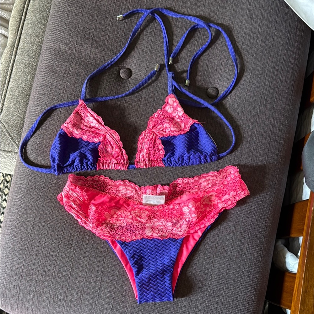 Beach Bunny Hot Pink Lace Cobalt Blue Bikini